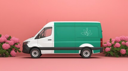 Delivery Van with Floral Background and Pink Flowers Display