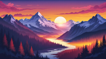 Obraz premium Gradient mountain landscape. Sunset over a mountain landscape with mountains nature, sky, sunset, dawn, beautiful, landscape, morning,