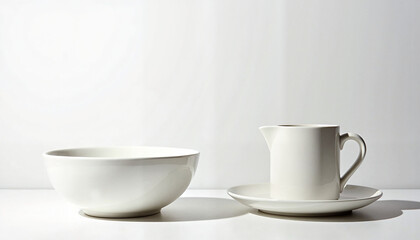 Ceramic kitchen set on a white background with copy space