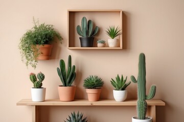 living room with vintage retro shelf, a lot of house plants
