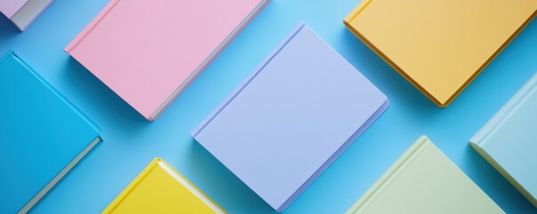 colorful books on a blue background, showcasing a neat arrangement of five books in various pastel colors, creating a vibrant and modern visual for educational