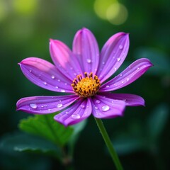 Obraz premium Shimmering dew drops cling to fresh purple petals, bloom, flower