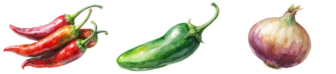 Fresh chili peppers, vibrant colors, watercolor illustration, culinary ingredients, organic vegetables, food art, healthy cooking.