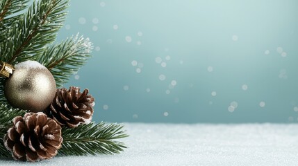 Obraz premium A serene holiday scene featuring pine branches, a golden ornament, and pine cones on a snowy surface, evoking a festive winter atmosphere.