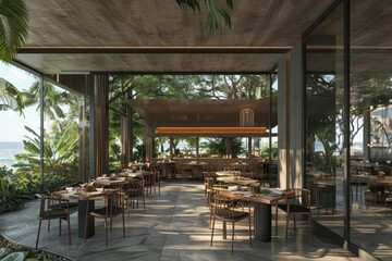 Fototapeta premium A modern restaurant interior with wooden furniture, large windows, and lush greenery.