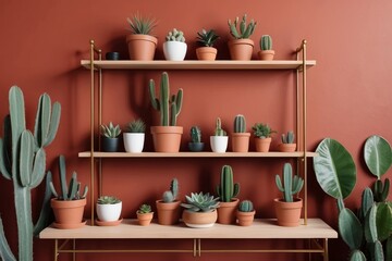 living room with vintage retro shelf, a lot of house plants, cacti, wooden blank mock up poster