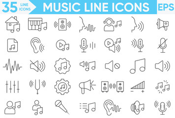 Music line icon set.Flat icon collection set. Content music icons. Guitar, play, music note, sound, headphones, mic and more.Vector and illustrator set.