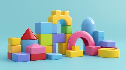 Obraz premium Colorful plastic blocks forming a playful cityscape on a light blue background.