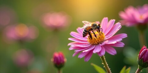 Bee collects pollen from heath aster blooms in morning dew, nature, insect