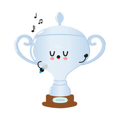 Cute Silver trophy cup character singing into a microphone character. Vector hand drawn cartoon kawaii character illustration icon. Isolated on white background. Silver trophy cup character concept