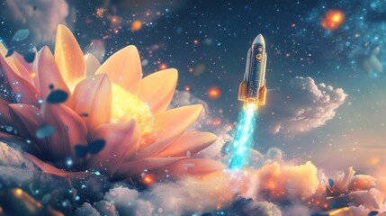 A Rocket Is Flying Through the Clouds With a Flower in Front of It - Generative AI