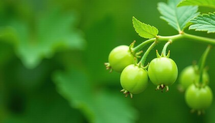 Fototapeta premium Green gooseberry stalks covered in tiny green berries on a stem, leafy greens, gardening, plant