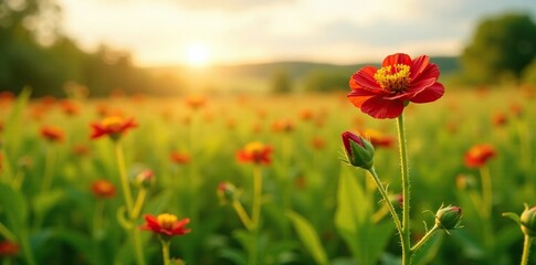 Obraz premium Potentilla reptans plant in a field with sunlight, fields, nature