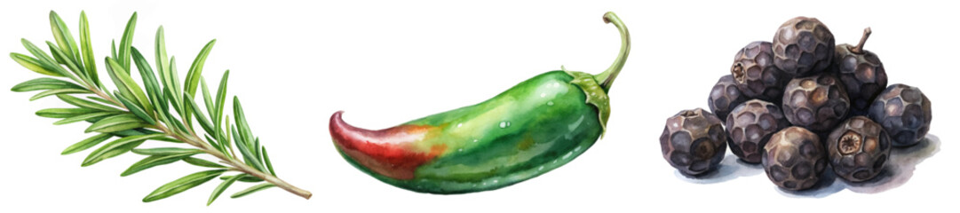 Fresh herbs, vibrant chili pepper, realistic blueberries, watercolor illustration, culinary art, food design.