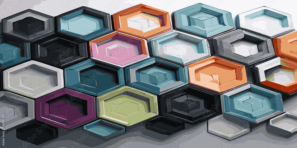 Poster abstract 3d hexagon gradient colorful with technology style honeycomb dark grey white background. ve
