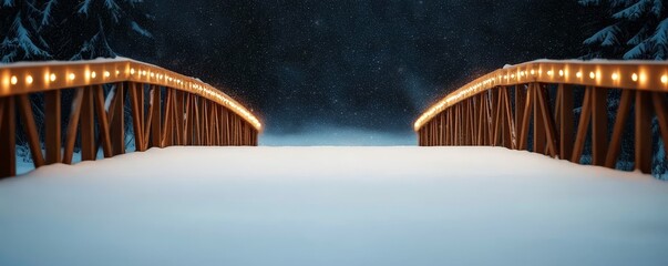 Fototapeta premium A snow-covered bridge adorned with warm lights, set against a dark, tranquil backdrop of winter, creating a serene and inviting atmosphere.