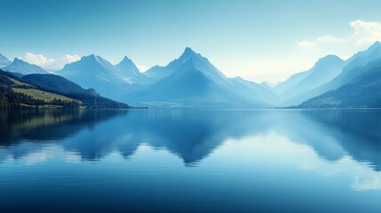 Calm lake reflecting mountains under a clear blue sky in the early morning light