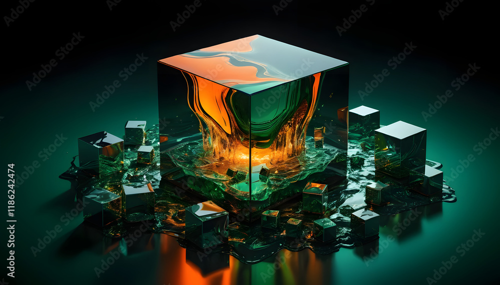 Poster liquid flowing from a translucent cube, surrounded by smaller cubes on a dark surface.