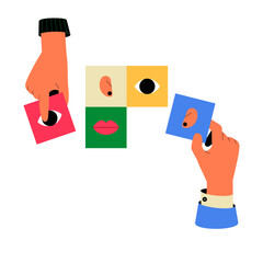 Hands Holding Puzzle Pieces In Flat Vector Illustration Symbolizing Collaboration, Problem Solving, And Teamwork, Isolated On White Background.