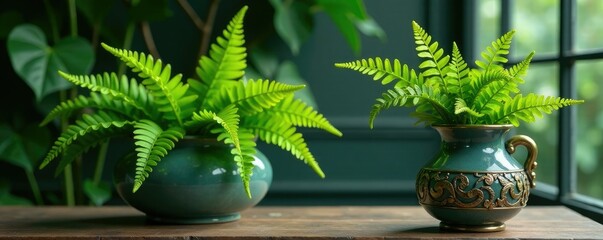 Ornate ferns and lush greenery in an elegant vase, ferns, greenery