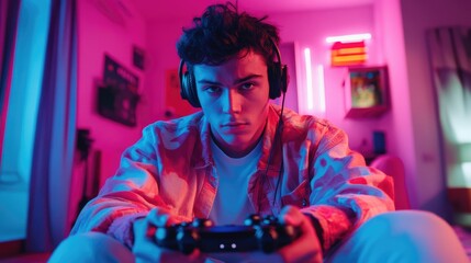 Obraz premium Young man immersed in gaming with wireless controller in neon-lit room, vibrant pink and blue tones, close-up perspective, ample empty space for text.