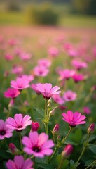 Fototapeta premium Field of pink wild petunia flowers swaying gently, pink, field, flowers
