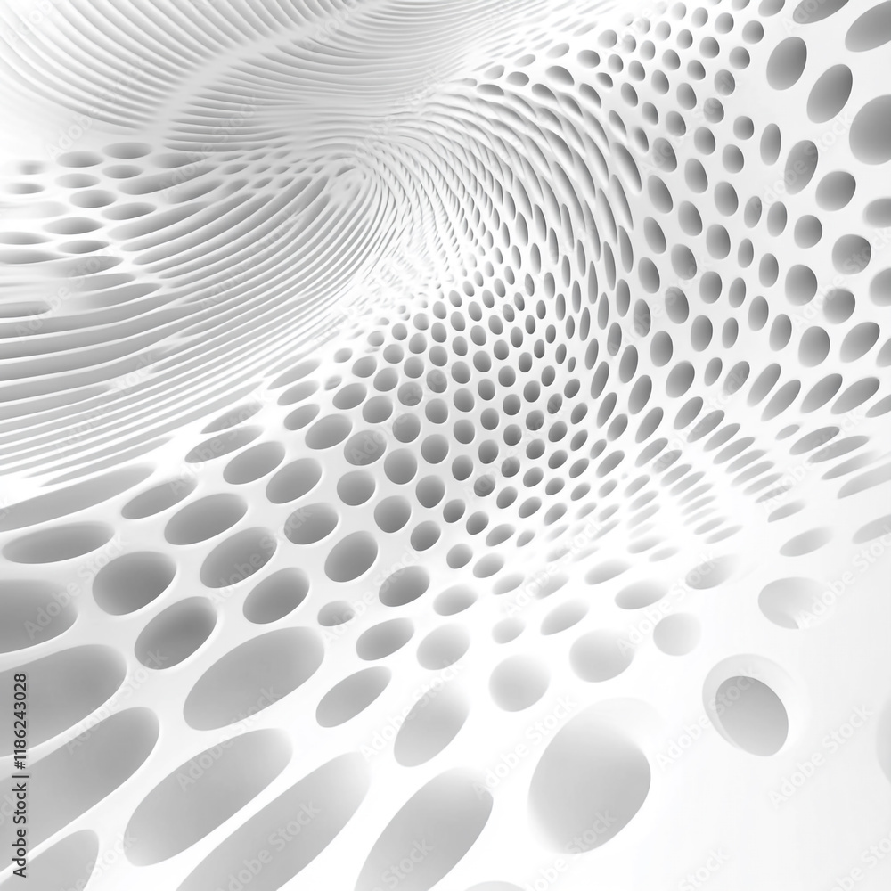 Poster abstract design featuring curved patterns and perforated surfaces in a white space
