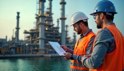 Two engineers in safety gear examine blueprint tablet. Stand by industrial gas oil refinery. Discussing plans for facility. Experts in field. Wearing safety equipment. Photo shows tech expertise of