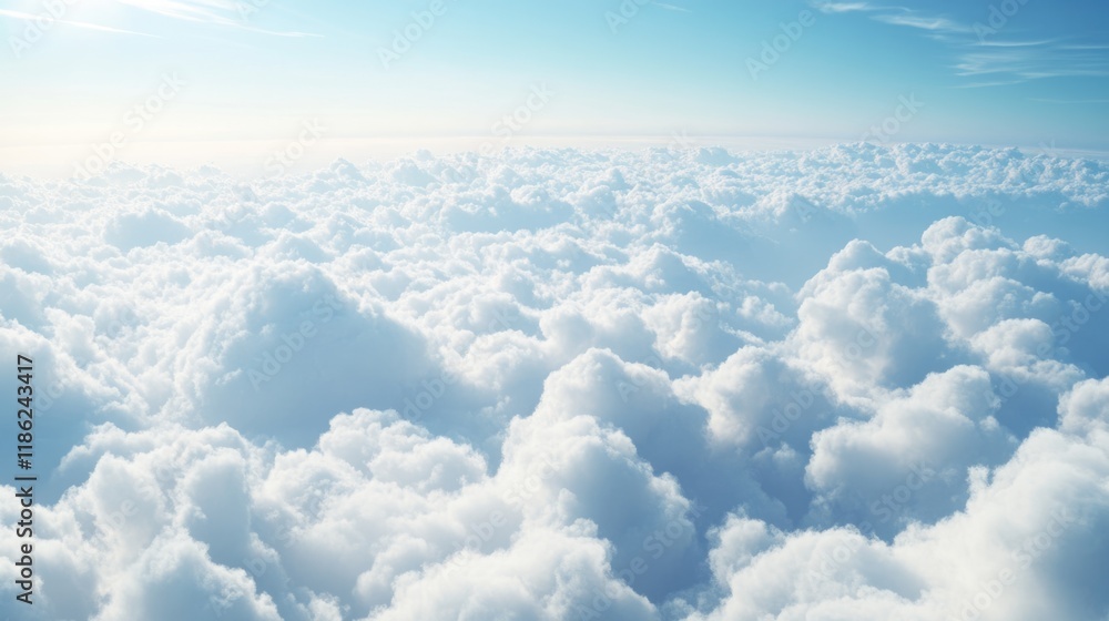 Poster aerial view of soft white clouds with blue sky background for inspirational text placement in advent