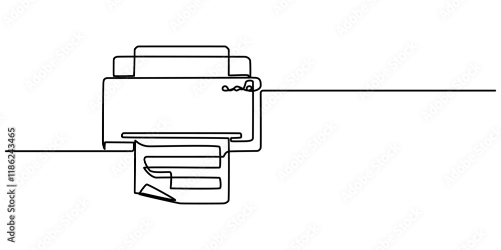 Aufkleber Printer One line drawing on white background, Vector continuous one single line drawing of laser printer in silhouette on a white background. Linear stylized.                                         