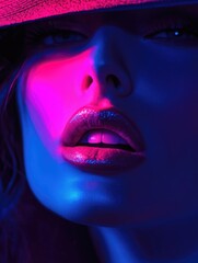 Glamorous beauty portrait of a woman in a hat with vibrant neon pink and blue lighting highlighting facial features and stylish makeup, close-up composition with ample negative space for text.
