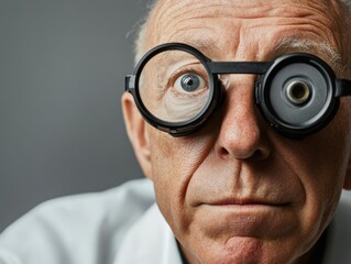 Senior scientist wearing glasses focused on research through microscope in studio setting neutral background with ample copyspace for text