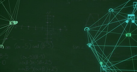 Image of network of media icons over mathematical equations on chalkboard