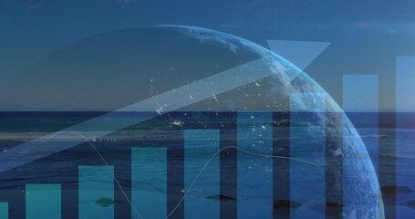 Image of upward arrow and graphs processing data over globe and landscape