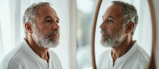 Obraz premium Senior man reflecting in circular mirror at home with soft natural light, neutral colors, spacious layout, contemplation, and large empty space for text.