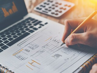 Professional sketching project goals on a laptop with detailed notes and calculations to achieve successful outcomes in creative design work