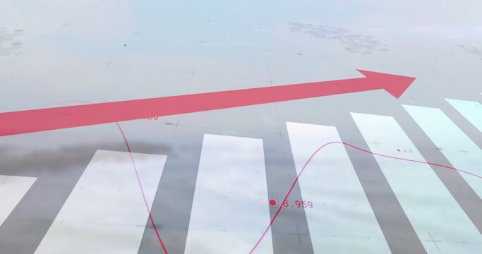 Image of upward red arrow and graphs processing data over sky and landscape