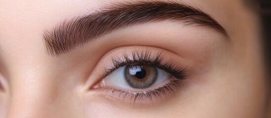 Fototapeta premium Closeup of a woman's eye showcasing thick, well-defined eyebrows in a beauty salon setting with soft natural lighting and ample empty copyspace for text