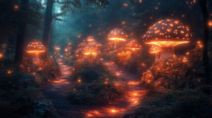 Fototapeta premium Enchanted forest path illuminated by glowing mushrooms during twilight