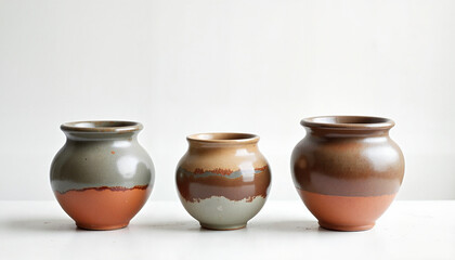 Ceramic pots on a white background with copy space