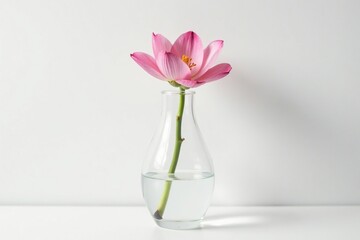 Delicate flower in clear glass vase on simple white background, minimalist, petal, glass