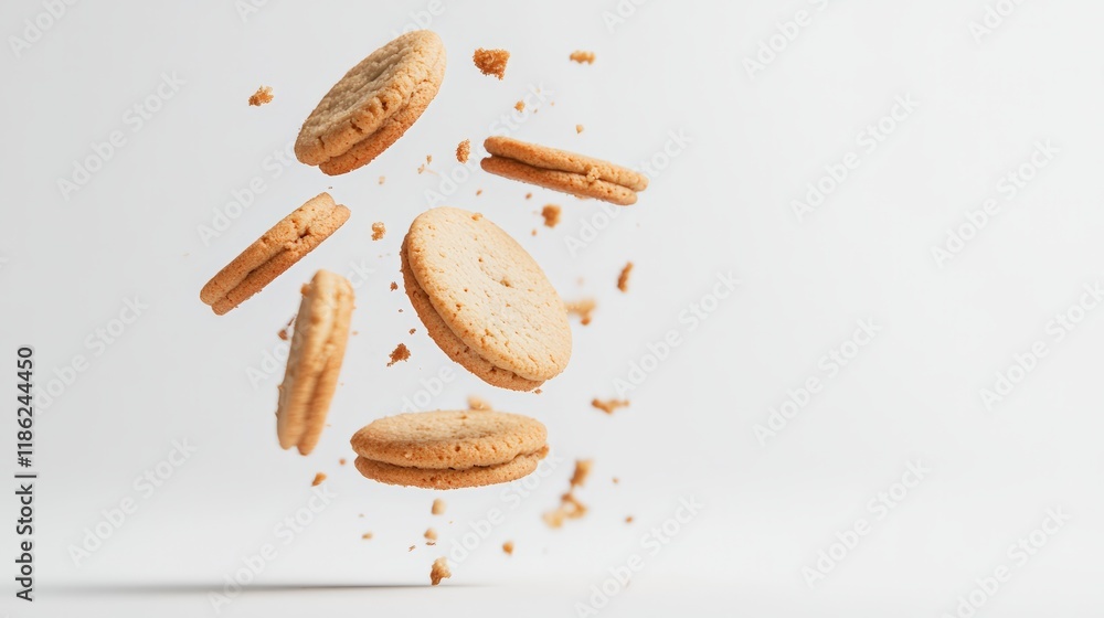 Poster Rotating and levitating sandwich cookies with filling against a white background, surrounded by scattered crumbs, creating a dynamic and appealing food scene