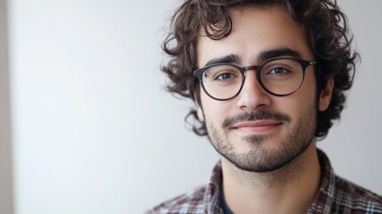 Young man with curly brown hair and glasses smiling in a bright home office with empty copyspace for text on light wall background.