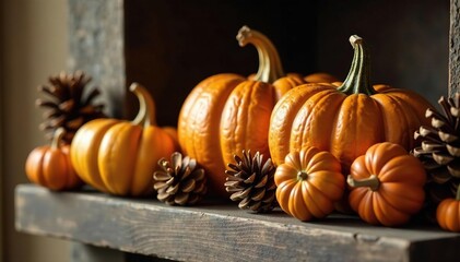 Golden Pumpkins and Pinecones on a Wooden Mantel, pumpkins,