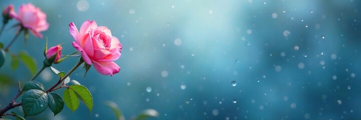 Fototapeta premium Delicate pink rose blooms in a serene blue morning dew, water droplets, peaceful scene, gentle hue