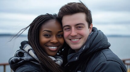 Multiracial couple embracing and smiling at camera on a seaside embankment under a dramatic cloudy sky with expansive copyspace for text.