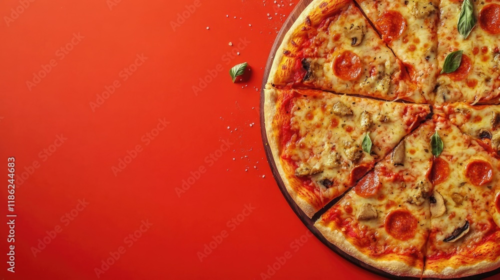 Poster child enjoying delicious pepperoni pizza at a dining table with vibrant red background empty for tex