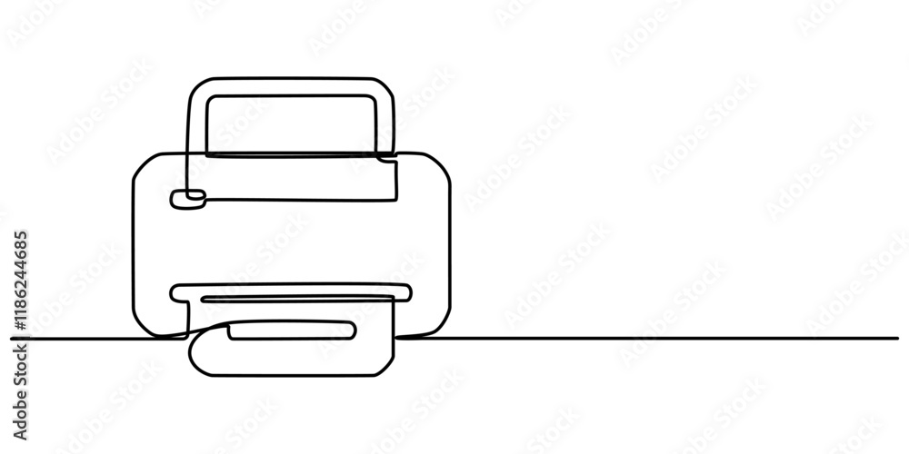 Poster Printer One line drawing on white background, Vector continuous one single line drawing of laser printer in silhouette on a white background. Linear stylized.                                         