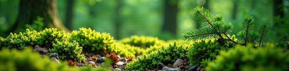 Fluffy juniper branches on a forest floor covered in moss, nature, texture, green