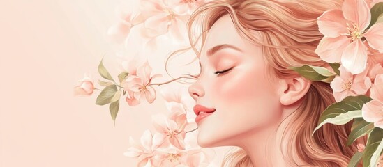 Joyful young woman with closed eyes surrounded by delicate pink blossoms of a Royalty grade apple tree in a soft pastel setting with ample copyspace.